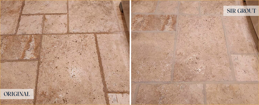 Travertine Floor Before and After a Stone Cleaning in Irwin, PA