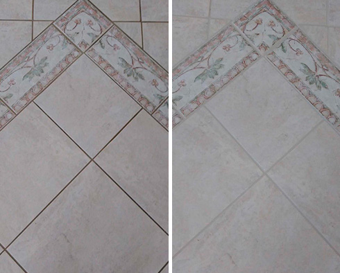 Tile Floor Before and After a Grout Recoloring in Oakmont